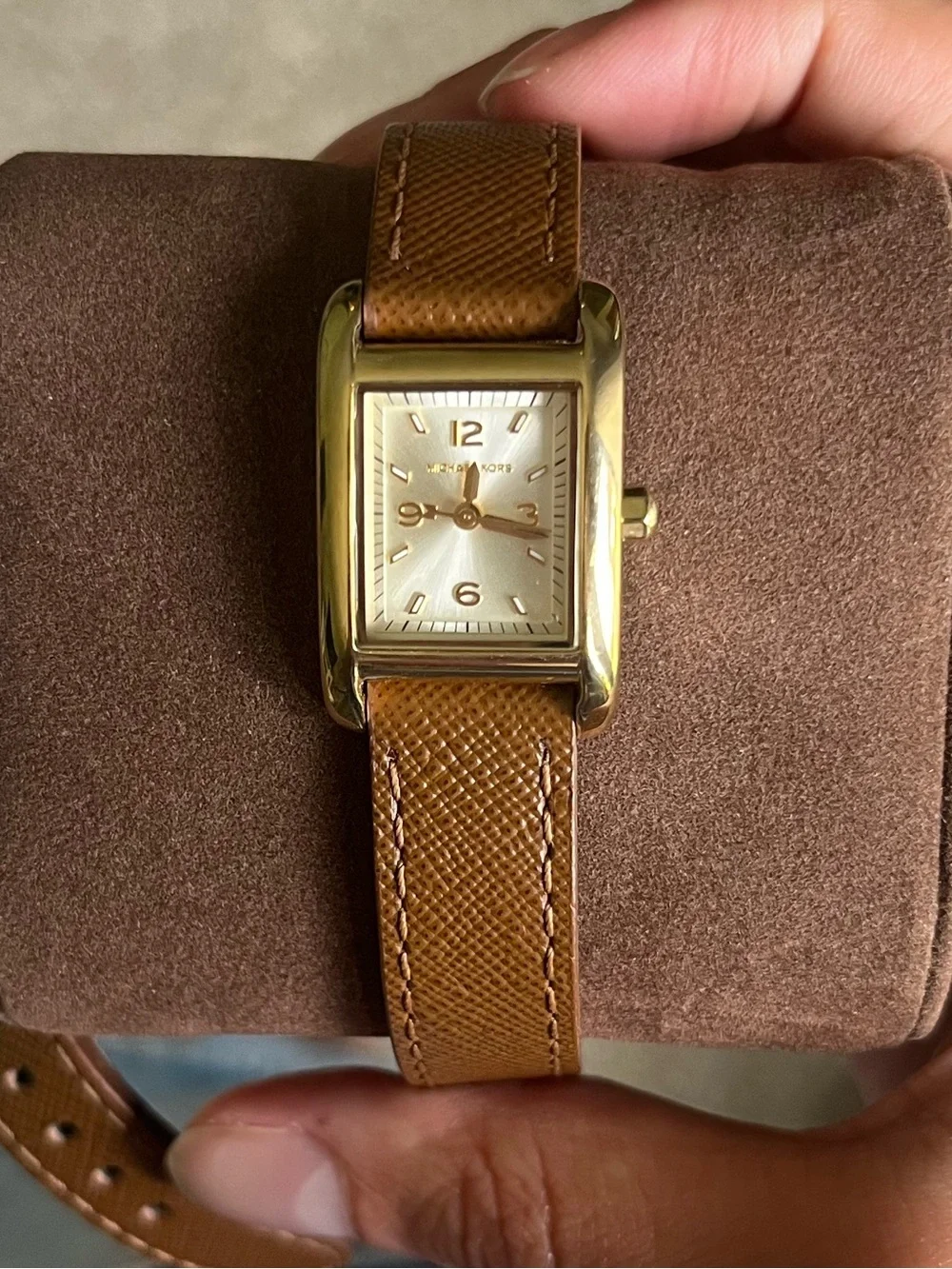 Michael Kors Gold-Tone Rectangle Watch with Brown Leather Strap